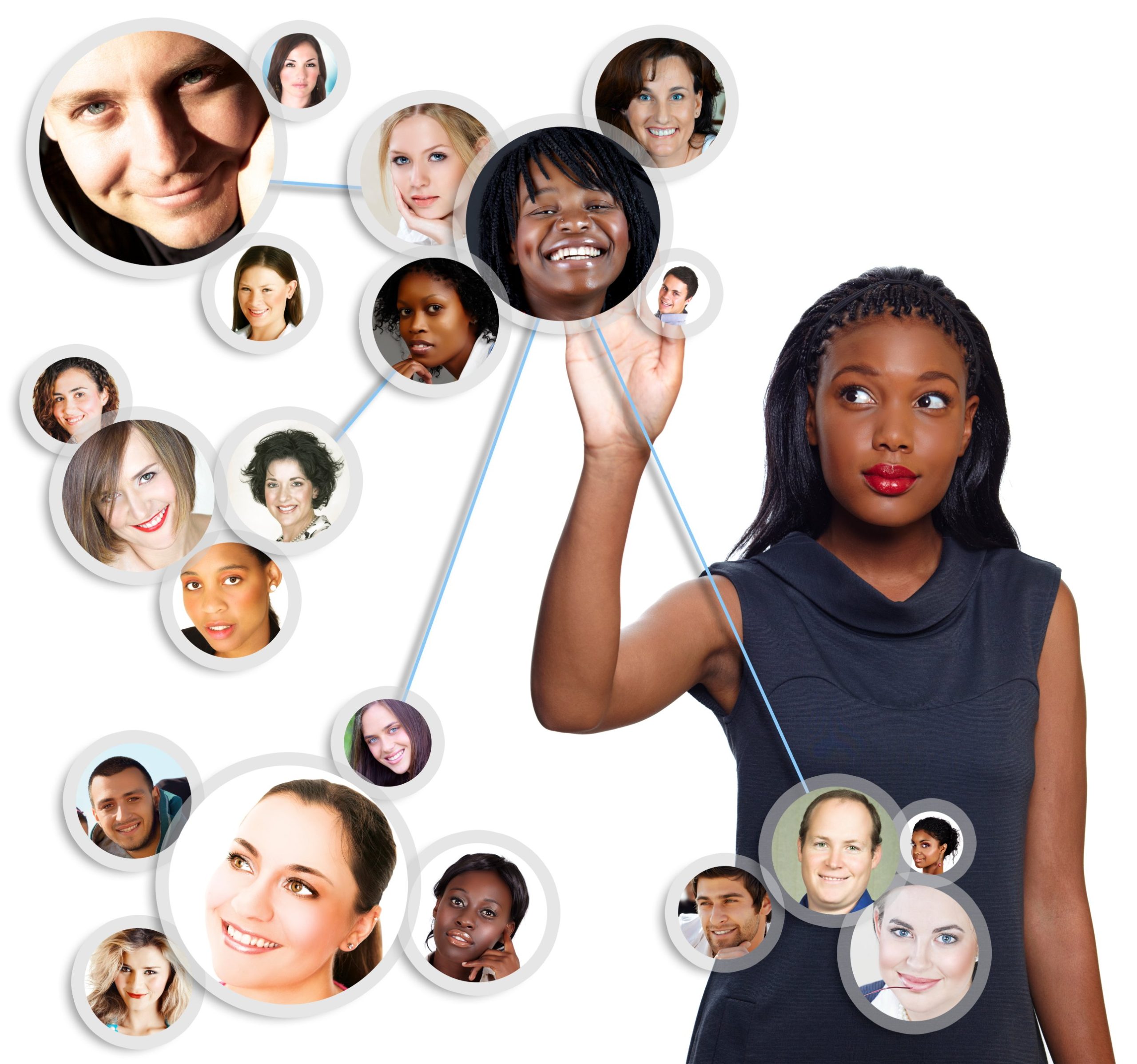 A smiling woman reaches up to connect a network of circular portrait photos of diverse people linked by lines