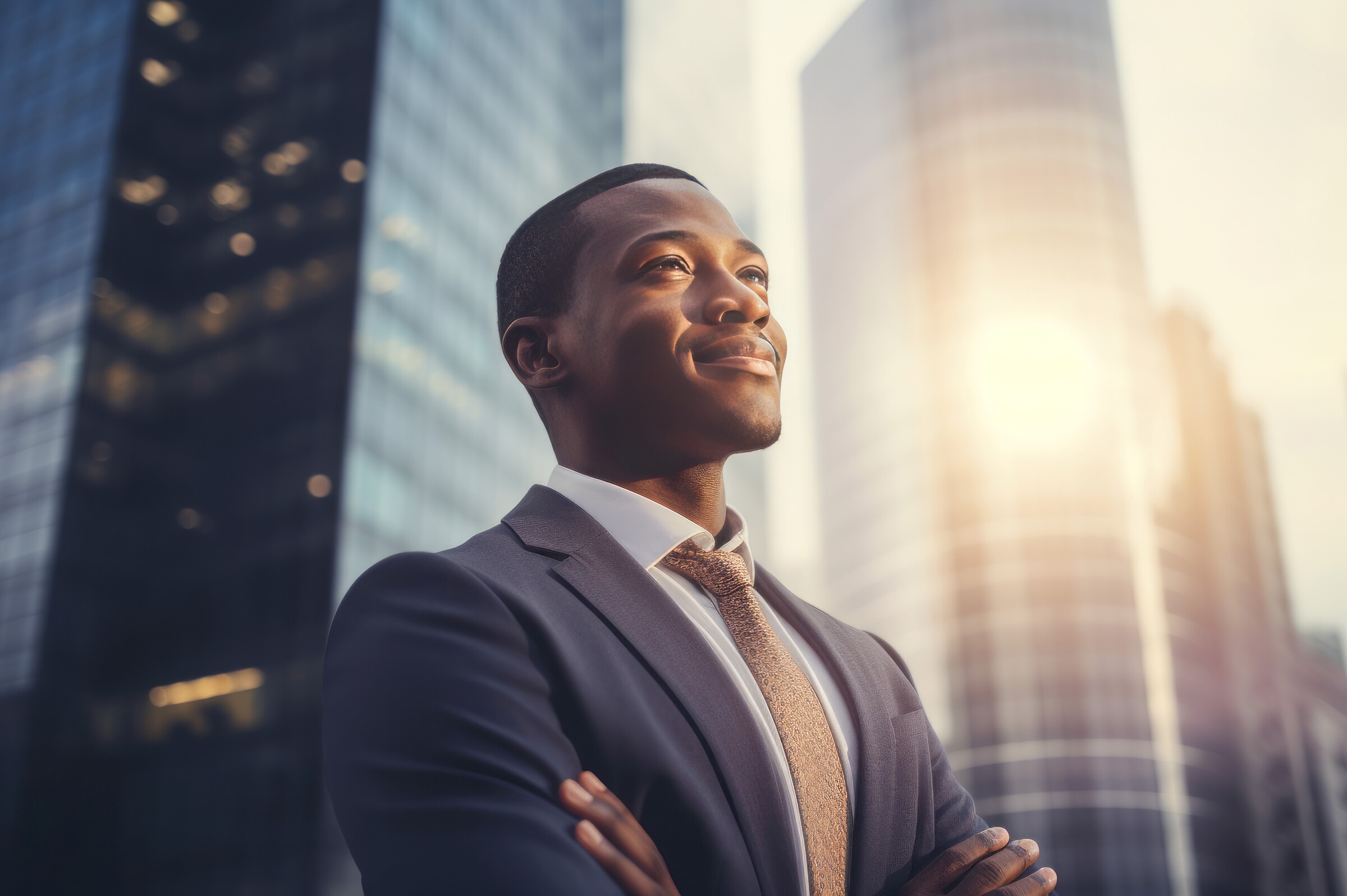 A smiling businessman in a suit stands with arms crossed in front of city skyscrapers at sunset