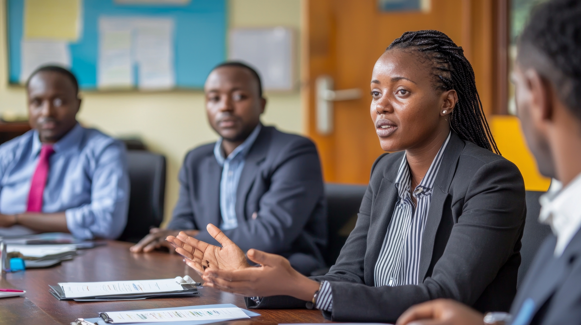 A woman in a blazer speaks confidently during an office meeting as colleagues listen around a conference table